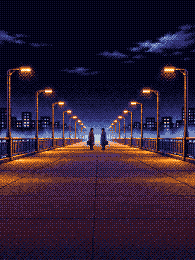 Night bridge under sodium lamps, two people meet in the middle