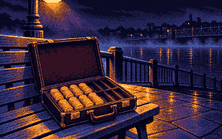 An open briefcase on a bench by the river