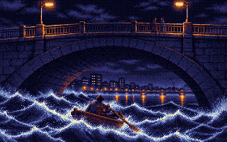 A small boat in rough water under the arch; people walk calmly over the bridge above