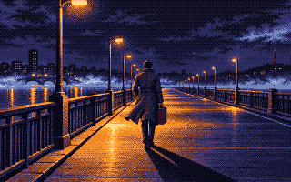 A man in a coat walking along the river with a briefcase